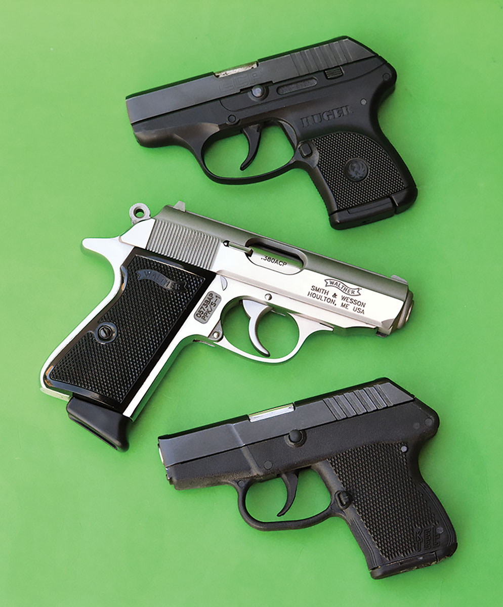 To cross-reference 380 ACP handloads for function and reliability, Brian used (top to bottom): a Ruger LCP, a Walther PPK/S and a Kel-Tec P3AT.